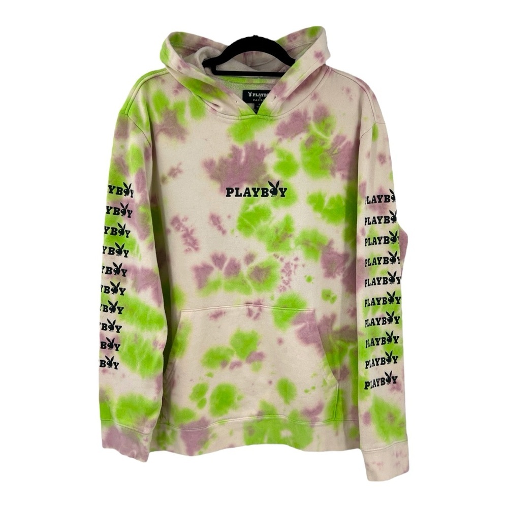 PLAYBOY X PAC SUN Mens Hoodie Large Pullover Tie Dye Green Pink White Y2K 90's L